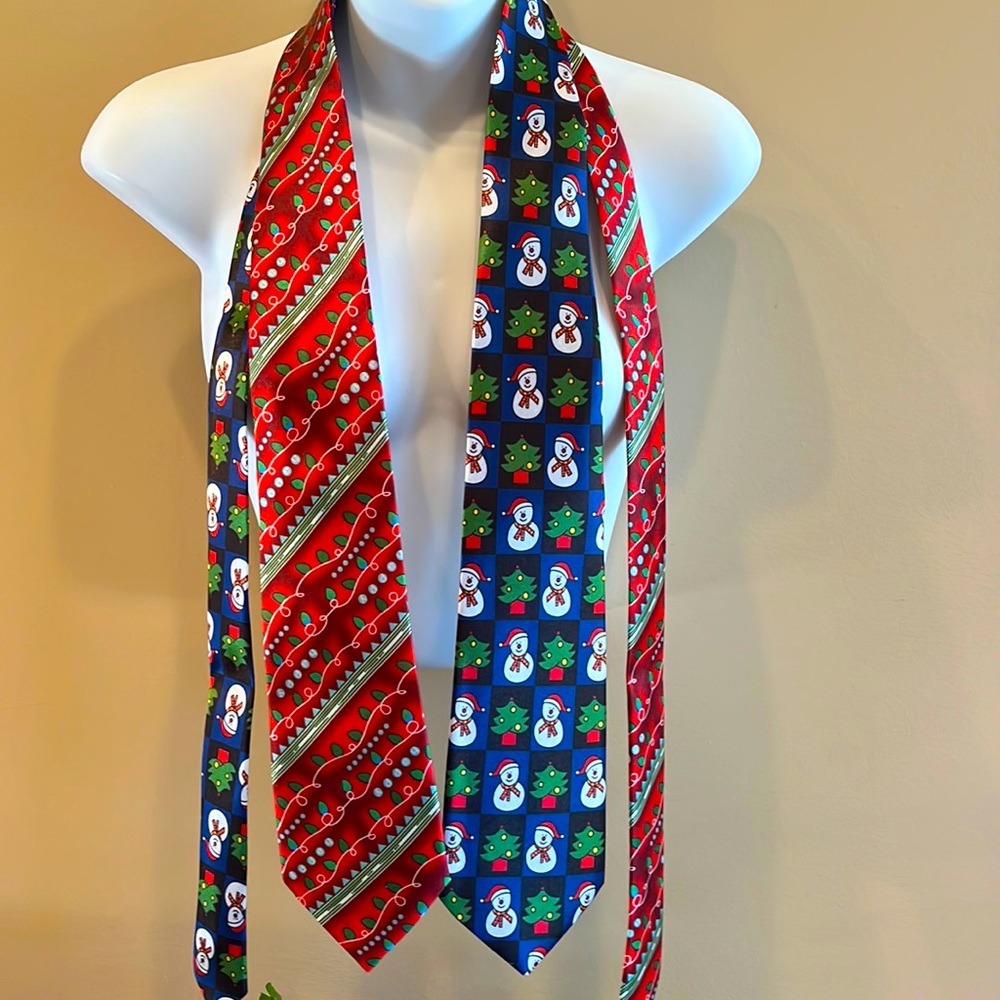 Two Christmas Ties! Snowman & Trees & Light Bulbs